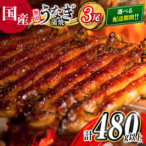 ＜選べる配送月＞高評価!! うなぎ 鰻楽 国産 蒲焼 3尾 人気 無頭 計480g以上 おすすめ 冷凍 簡単調理 個包装 鰻 魚介 贈答品 ギフト 贈り物【C444-mult】 2239510 - 宮崎県新富町