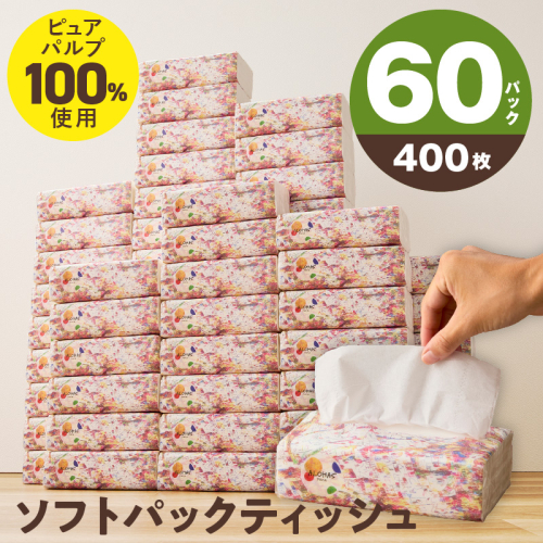 ソフトパックティッシュ 60パック×400枚 200組【ピュアパルプ100％ 高評価 人気急上昇 まとめ買い 日用品 常備品 てぃっしゅ 備蓄 防災 ALOHAS】 010B1754 2240366 - 大阪府泉佐野市