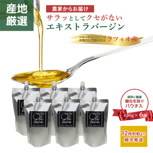 産地厳選 イタリア産エキストラバージンオリーブオイル 450g×6個 【12月中旬より順次発送】調味料 油 オリーブ油 食用油 静岡県 袋井市 2240871 - 静岡県袋井市