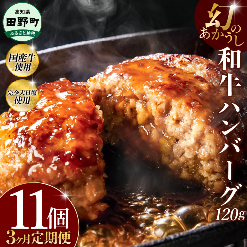 幻のあかうし和牛ハンバーグ 11個入り 3ヶ月定期便 1個120g 田野屋青蜂 白鯆 完全天日塩練り込み 肉 お肉 国産牛 土佐あかうし 四万十ポーク おかず 惣菜 おいしい お取り寄せ 冷凍 配送 高知県 田野町 2241458 - 高知県田野町