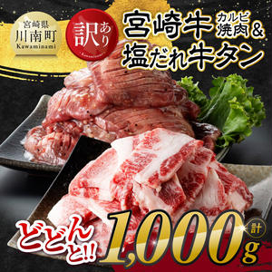 ※発送時期が選べる※【訳あり】 宮崎牛カルビ焼肉＆塩だれ牛タン　計1,000g 【 肉 宮崎牛 カルビ 牛肉 牛たん たん 厚切り 塩ダレ 塩だれ タン 味付き BBQ 焼肉 焼き肉 焼くだけ おかず 簡単調理 】 2246133 - 宮崎県川南町