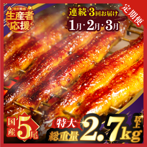 先行予約≪連続定期便全3回≫1月・2月・3月お届け!!生産者応援!!【数量限定特別規格】うなぎ蒲焼5尾(総重量2.7kg以上) 鰻 魚 魚介 加工品 国産_T026-0056 2246189 - 宮崎県都農町