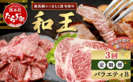 【定期便3回】くまもと 黒毛和牛 (和王) 年末年始 に嬉しい バラエティ 定期便B【12月/1月/2月 配送】 ブランド牛 定期便 肉 サーロイン ロース ステーキ 焼肉 焼き肉 やきにく 牛肉 お肉 定期便 年末 年始 プレミアム品質 122-0606