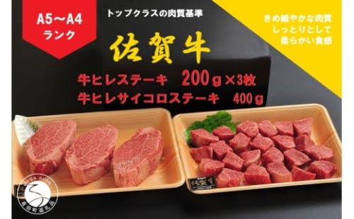 佐賀牛 ヒレ（200g×3枚）＆サイコロステーキ 400g【陶窯みかわや】最高級 A5 A4 黒毛和牛 厳選 ステーキ 総量 1kg ブランド牛 霜降り 100000円 10万円 N100-20 2254894 - 佐賀県有田町