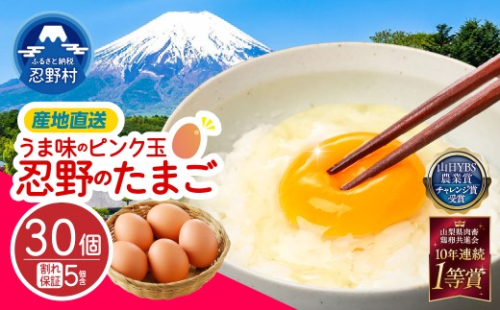 【11月配送分】”忍野の卵”旨味のピンク玉30個 ※割れ保証含む　[卵 国産 産地直送 生卵 玉子 たまご 卵かけご飯 卵焼き 親子丼 目玉焼き すき焼き オムライス オムレツ スイーツ作り 料理 調理 人気 鶏卵 鶏 新鮮 山梨県 忍野村] 2255185 - 山梨県忍野村