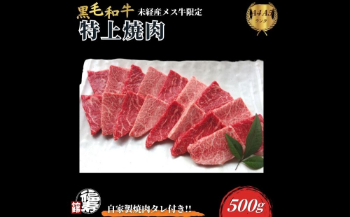 黒毛和牛めす牛 特上焼肉 500g 自家製焼肉のたれ付 ／ ふるさと納税 焼肉 ギフト セット 食材 黒毛和牛 モモ ミスジ イチボ 希少 牛肉 肉 お中元 お歳暮 正月 和牛 食べ物 奈良県 宇陀市 福寿館 2257191 - 奈良県宇陀市