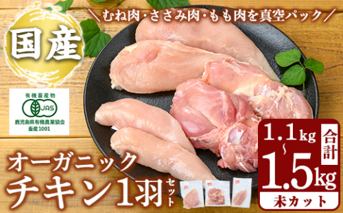K-598 国産！オーガニックチキン1羽セット 未カット (計1.1kg～1.5kg)【お多福たまご】霧島市 国産 鶏肉 鳥 もも モモ 胸肉 むね ムネ ささみ ササミ オーガニック 有機JAS認定 抗生物質不使用 ワクチン不使用 ワクチンフリー 無投薬飼育 冷凍 小分け 2258136 - 鹿児島県霧島市