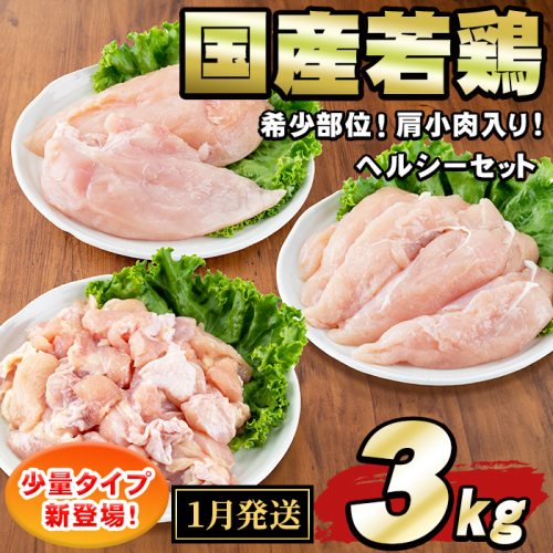 【0074805a-2601】＜2026年1月発送予定＞国産若鶏肉ヘルシーセット(合計3kg・ムネ、ささみ、肩小肉) 鶏肉 鳥肉 とり肉 むね肉 おかず 小分け 国産 【エビス】 2258623 - 鹿児島県東串良町