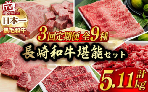 【全3回】A5ランク すき焼き しゃぶしゃぶ ステーキ 総量5.11kg ロース モモ 切り落とし ウデ みすじ 長崎和牛【肉のあいかわ】 [NA50] 肉 牛肉 すきやき 焼肉 定期便