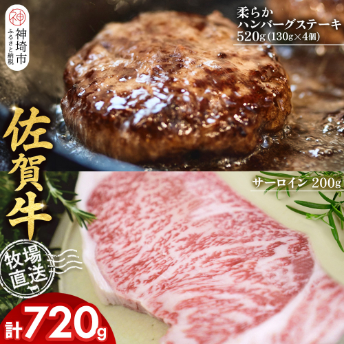 佐賀牛 サーロインステーキ200g×1枚計200g 柔らかハンバーグステーキ130g×4個計520g【佐賀牛 サーロイン ステーキ ハンバーグ 高級部位 赤身肉 霜降り】(H122129) 2270695 - 佐賀県神埼市