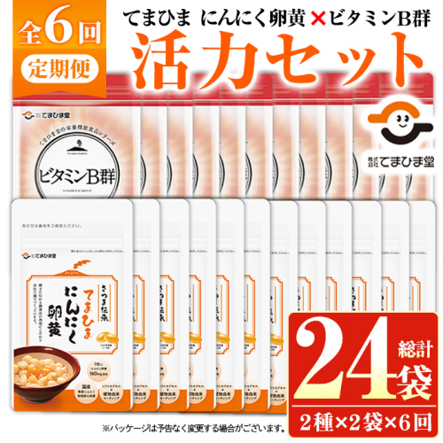 No.1298-B ＜定期便・全6回(隔月)＞活力セット(てまひま にんにく卵黄・ビタミンB群/各2袋×6回 計24袋) 鹿児島 日置市 ニンニク 健康食品 栄養 カプセル 安全安心【てまひま堂】 2273677 - 鹿児島県日置市