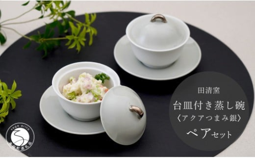 有田焼 台皿付き 蒸し碗 セット（アクアつまみ銀）【田清窯】食器 器 うつわ 蓋物 茶碗蒸し 食器 蒸し碗 お祝い ペア ふたもの 50000円 5万円 ec015 2275387 - 佐賀県有田町