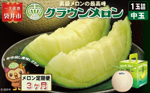 【3ヶ月定期便】クラウンメロン（白等級）中玉　1玉入 　果物 フルーツ デザート メロン マスクメロン 青肉 高級 ギフト 贈り物 静岡県産 袋井市 2286640 - 静岡県袋井市