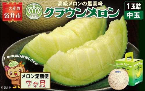 【7ヶ月定期便】クラウンメロン（白等級）中玉　1玉入 　果物 フルーツ デザート メロン マスクメロン 青肉 高級 ギフト 贈り物 静岡県産 袋井市 2286644 - 静岡県袋井市