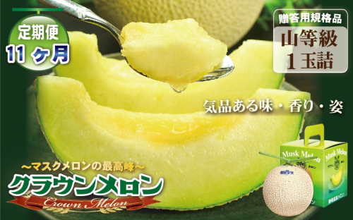 【11ヶ月定期便】クラウンメロン（山等級）１玉入 　果物 フルーツ デザート メロン マスクメロン 青肉 高級 ギフト 贈り物 静岡県産 袋井市 2286663 - 静岡県袋井市