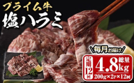 ＜定期便・全12回 (毎月の発送)＞プライム牛 塩ハラミ(総量4.8kg) 定期便 小分け 牛肉 肉 ハラミ 牛はらみ 味付け 焼肉 塩 BBQ 冷凍 大分県 佐伯市【DH323】【ネクサ】