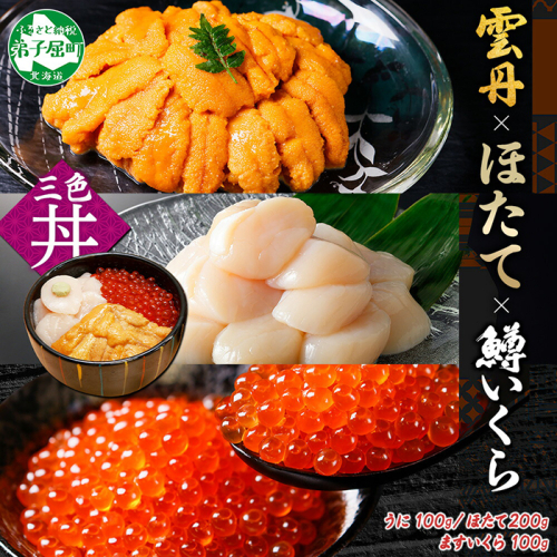 3430. 雲丹 100g ホタテ 200g 鱒いくら醤油漬け 100g 海鮮3種セット チリ産 ウニ ミョウバン不使用 うに  鱒いくら いくら 冷凍 イクラ 鱒 ほたて 生ほたて 北海道産 帆立 冷凍 海鮮 海鮮丼 刺身 つまみ おつまみ おかず ごはんのおとも 北海道 弟子屈町 2292390 - 北海道弟子屈町