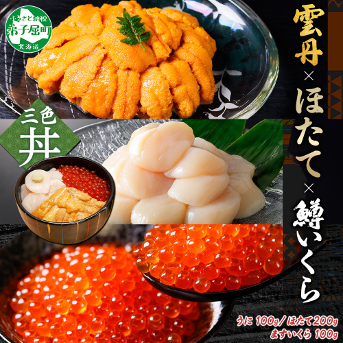 3430. 雲丹 100g ホタテ 200g 鱒いくら醤油漬け 100g 海鮮3種セット チリ産 ウニ ミョウバン不使用 うに  鱒いくら いくら 冷凍 イクラ 鱒 ほたて 生ほたて 北海道産 帆立 冷凍 海鮮 海鮮丼 刺身 つまみ おつまみ おかず ごはんのおとも 北海道 弟子屈町 2292390 - 北海道弟子屈町
