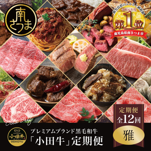【全12回】プレミアムブランド「小田牛」定期便［～雅～］ 鹿児島県産 黒毛和牛 ステーキ すき焼き 焼肉 焼き肉 BBQ ハンバーグ 餃子 ぎょうざ 焼売 しゅうまい レトルト カレー パスタソース 牛トロ煮込み コンビーフ ローストビーフ 常温 冷凍 小田畜産 南さつま市 2292852 - 鹿児島県南さつま市