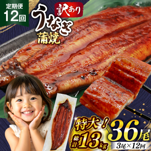 うなぎ 訳あり 蒲焼 特大 肉厚 3尾 12回 定期便 総計約13kg 小分け タレ 山椒付き [大黒物産 福岡県 宇美町 um40bak830017] 不揃い 規格外 鰻 ウナギ unagi うなぎ蒲焼 鰻蒲焼き 蒲焼き かば焼き 真空パック 個包装 冷凍 2296180 - 福岡県宇美町