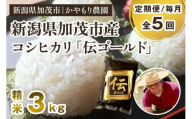 【令和7年産新米】【定期便5回毎月お届け】新潟産コシヒカリ「伝ゴールド」白米真空パック 精米3kg（1.5kg×2） 《9月下旬から順次出荷》 南麻布の高級料亭で提供される極上米 かやもり農園