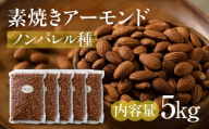 【6回定期便】素焼き アーモンド5kg（1kg × 5袋）ノンパレル種 ロースト 焙煎 食塩不使用 食用油不使用  防災食品 防災用 非常食 保存食 備蓄食 岐阜県 大垣市