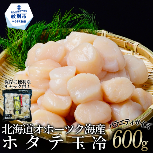 13-310 北海道オホーツク海産ホタテ玉冷バラエティサイズ(600g)｜ 訳あり サイズ不揃い 2308500 - 北海道紋別市