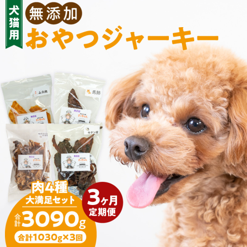 【3ヶ月定期便】【大満足セット】犬猫用 無添加おやつジャーキー 肉4種詰め合わせ 牛たん皮・馬肺・鶏ムネ肉・牛グリーントライプ 総量1030g［143O05-T］ 2309004 - 愛知県小牧市