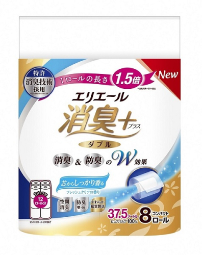0025-10-04 【先行受付】 エリエール 消臭＋ トイレットティシュー しっかり香るフレッシュクリアの香り コンパクトダブル 8ロール×12パック 96ロール 【11月上旬以降順次発送】　1.5倍巻 37.5m トイレットペーパー ダブル パルプ100％ 消臭 防臭 日用品 消耗品 備蓄 2326466 - 静岡県富士宮市