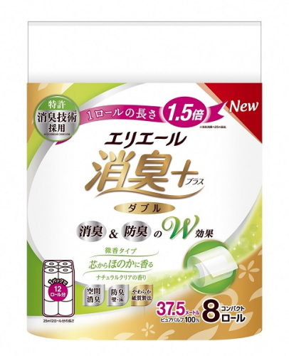 0027-10-03 エリエール 消臭＋ トイレットティシュー ほのかに香るナチュラルクリアの香り コンパクトダブル 8ロール×12パック 96ロール　1.5倍巻 37.5m トイレットペーパー ダブル パルプ100％ 消臭 防臭 日用品 消耗品 備蓄 2326478 - 静岡県富士宮市
