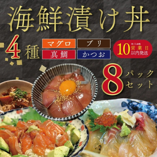 漬け丼セット 計 8パック （ 4種類 × 2パック ） | 海鮮 醤油 漬け 8食 セット 真鯛 カツオ ブリ キハダマグロ 10000円 食べ比べ 漬け丼 づけ 丼 海鮮丼 鯛 たい かつお 鰹 ぶり 冷凍 人気 魚介 お手軽 加工品 簡単 時短 晩ごはん 惣菜 刺し身 刺身 海の幸 小分け パック 新鮮 鮮魚 養殖 国産 詰め合わせ ギフト プレゼント お歳暮 南予ビージョイ 愛南町 愛媛県 2332875 - 愛媛県愛南町