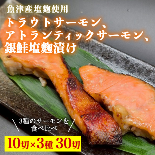トラウトサーモン塩麹漬け、アトランティックサーモン塩麹漬け、銀鮭塩麹漬け各10切ずつセット ※北海道・沖縄・離島への配送不可 2333934 - 富山県魚津市
