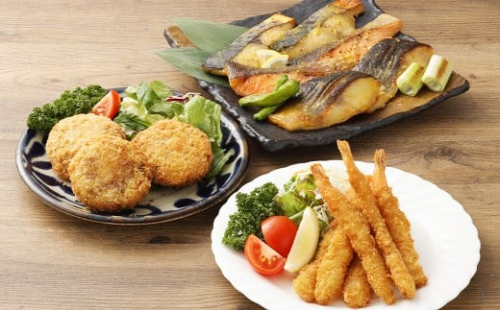 磯鷸之庄 熊本県産 あか牛メンチカツ 計約1.2kg （約100g×12個入） ・ 魚の西京漬け 計6切 （3種×各2切入）  ・ エビフライ （12本入） のギフトセット あか牛 メンチカツ ミンチカツ 西京漬け 西京漬 漬け えびフライ 海老フライ 揚げ物  冷凍 2337640 - 熊本県益城町