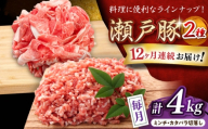 【全12回定期便】瀬戸豚2種セット(ミンチ＋カタバラ切落し) 計4kg / 豚肉 小分け ミンチ 切り落とし / 瀬戸市 / 関屋精肉店 [BBBQ194]