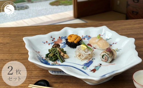 有田焼 色絵梅花人物文木の葉形銘々皿 2枚 セット 【有田焼 花伝作】食器 器 うつわ 和皿 銘々皿 上品 日本食 梅 花 銘々皿 35000円 dw005 2341002 - 佐賀県有田町
