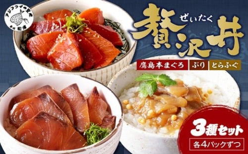 鷹島産本まぐろ・とらふぐ・ぶりの贅沢丼 3種セット[各4] ( 本マグロ 大トロ 中トロ 赤身 とらふぐ ブリ お手軽 丼 漬け 茶漬け 時短 )【134-0035】 2343948 - 長崎県松浦市