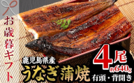 [令和7年お歳暮対応]厳選! 国産 鹿児島県産 うなぎ 蒲焼 4尾 大 合計約640g 新仔うなぎ使用 こだわりの地焼き! 冷凍うなぎ 秘伝のタレ 付き うな重 うな丼 きざみ鰻 うなぎのせいろ蒸し弁当 贈答 ギフト[南竹鰻加工][SC-022H]
