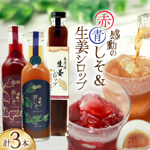 AJ310 感動の赤しそジュース 瓶 200ml 感動の青しそジュース 瓶 200ml 生姜シロップ 瓶 250ml 飲み比べセット [ しそジュース 紫蘇ジュース 赤しそ 青しそ 長崎県 島原市 ] 2359081 - 長崎県島原市