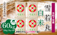 ＜令和7年産米＞ 雪若丸 【白米】 定期便 60kg （20kg×２ヶ月間隔で3回お届け）＜配送時期指定可＞　山形県真室川町