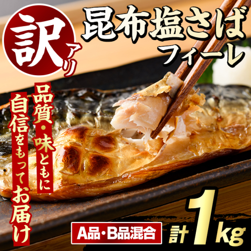 訳あり！昆布塩さばフィーレ(A品B品混合・計1kg) サバ 鯖 おかず おつまみ 惣菜 焼き魚 切り身 昆布 ご家庭用 リピート 【グローバルフーズ】akn061-23 2377981 - 鹿児島県阿久根市