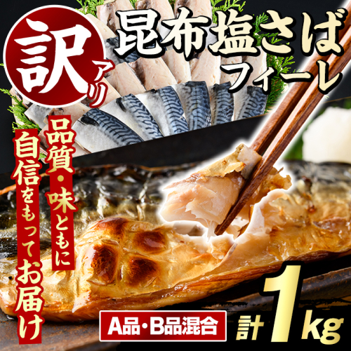 訳あり！昆布塩さばフィーレ(A品B品混合・計1kg) サバ 鯖 おかず おつまみ 惣菜 焼き魚 切り身 昆布 ご家庭用 リピート 【グローバルフーズ】akn061-23 2377981 - 鹿児島県阿久根市