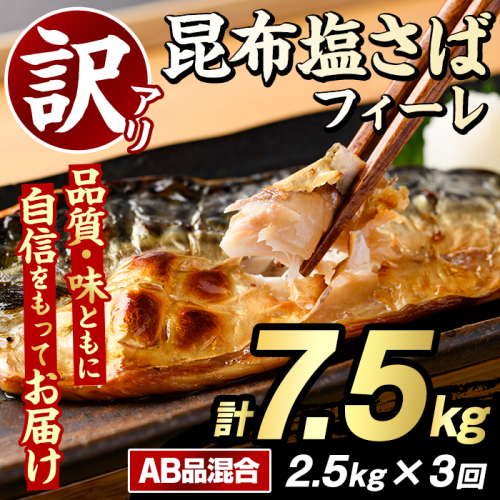 ＜定期便(隔月)・全3回＞訳あり！昆布塩さばフィーレ(A品B品混合・計7.5kg) 大容量 ボリューム サバ 鯖 おかず おつまみ 惣菜 焼き魚 切り身 昆布 ご家庭用 リピート 定期便 【グローバルフーズ】akn061-25 2377983 - 鹿児島県阿久根市