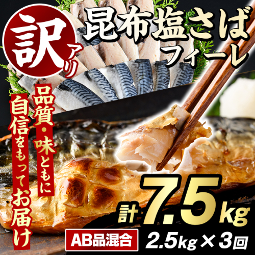 ＜定期便(隔月)・全3回＞訳あり！昆布塩さばフィーレ(A品B品混合・計7.5kg) 大容量 ボリューム サバ 鯖 おかず おつまみ 惣菜 焼き魚 切り身 昆布 ご家庭用 リピート 定期便 【グローバルフーズ】akn061-25 2377983 - 鹿児島県阿久根市