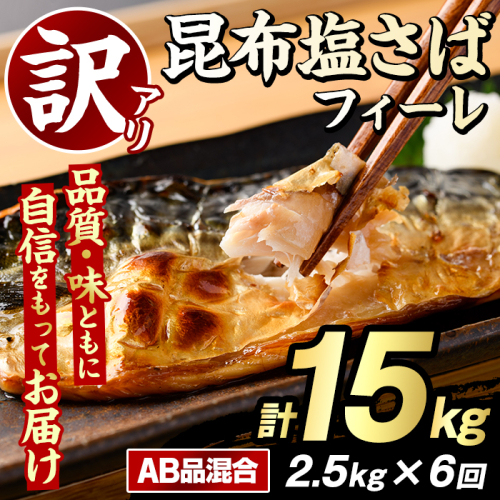 ＜定期便(隔月)・全6回＞訳あり！昆布塩さばフィーレ(A品B品混合・計15kg) 大容量 ボリューム サバ 鯖 おかず おつまみ 惣菜 焼き魚 切り身 昆布 ご家庭用 リピート 定期便 【グローバルフーズ】akn061-26 2377984 - 鹿児島県阿久根市