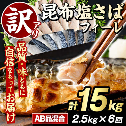 ＜定期便(隔月)・全6回＞訳あり！昆布塩さばフィーレ(A品B品混合・計15kg) 大容量 ボリューム サバ 鯖 おかず おつまみ 惣菜 焼き魚 切り身 昆布 ご家庭用 リピート 定期便 【グローバルフーズ】akn061-26 2377984 - 鹿児島県阿久根市