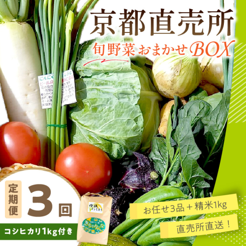 直売所直送 【訳あり】「京都・京丹後産 季節の野菜」お任せ詰め合わせBOX（3品）＋コシヒカリ精米1kg 定期便3回
 2378137 - 京都府京丹後市
