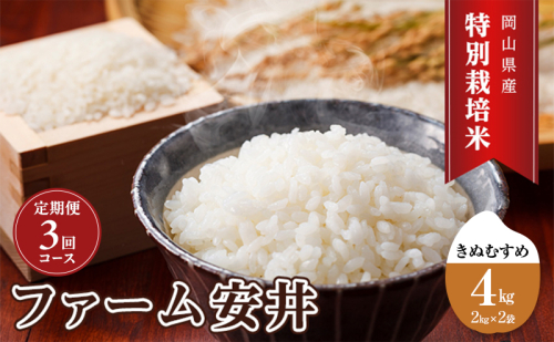 定期便 お米 【2025年11月～発送予定】 特別栽培米 きぬむすめ 4kg(2kg×2袋) 3ヵ月定期便 合計12kg 米 白米 岡山県産 ファーム安井 精米 ライス ご飯 おにぎり お弁当 和食 主食 国産 炭水化物 直送 産地直送 2388081 - 岡山県赤磐市