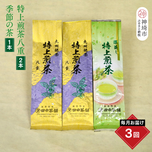 【毎月お届け3回】特上煎茶八重2本と季節のお茶1本(合計100g×3本)【田中茶舗 銘茶問屋 特上煎茶 八重 100g サエミドリ 甘い口当たり うま味 渋み 深み 九州】(H047119) 2388469 - 佐賀県神埼市