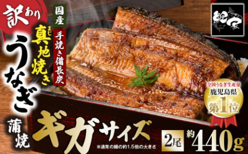 2752 大人気！鯉家の絶品蒲焼「真地焼きうなぎ蒲焼（2尾）訳あり規格外サイズ」440g」 【国産・手焼き備長炭】　KN040-009-01 2390011 - 鹿児島県鹿屋市