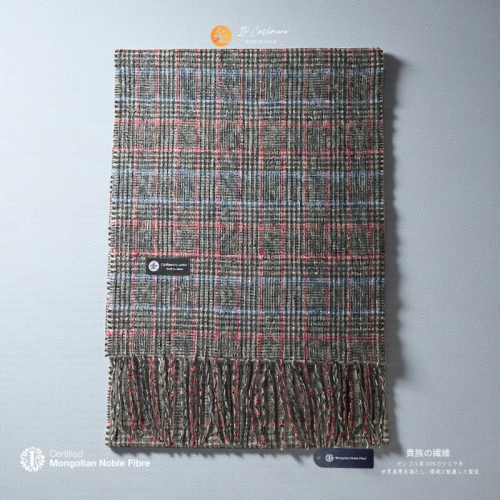 『Noble Fibre』100％カシミヤ・マフラー グレーン＆チェック フリンジ付き【高級 カシミア おしゃれ ファッション 防寒 かしみあ】 G3563 2397466 - 大阪府泉佐野市